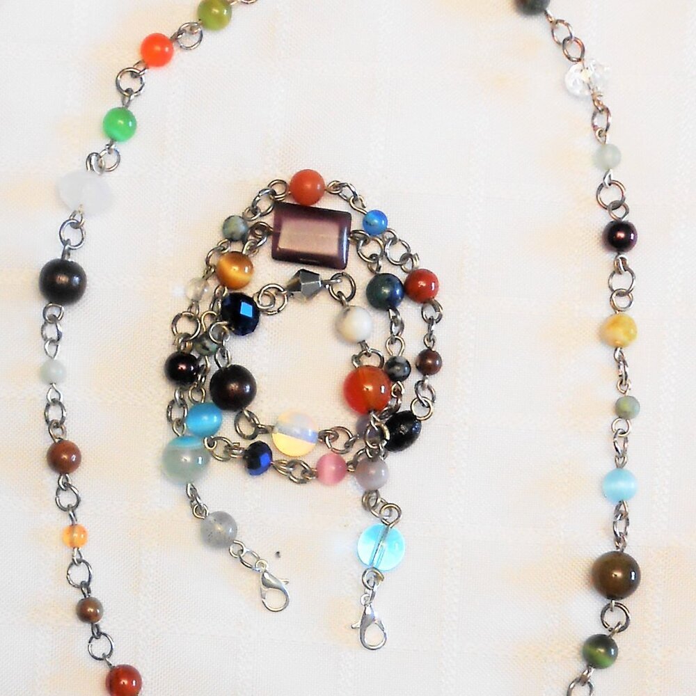 No713 Handmade necklace-bracelet with two detachable rows of polished stones etc